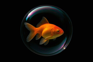 Golden fish swimming inside a transparent bubble against a dark background with vivid colors