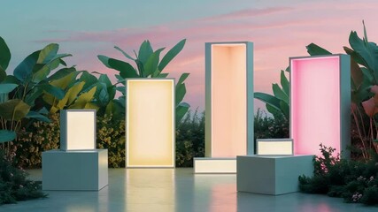 Pulsing five illuminated panels shifting colors in botanical stage, with polished floor and foliage - Powered by Adobe
