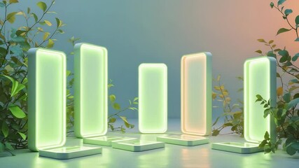 Six panels receiving power, shifting glow from peach to green for display in studio, with vines - Powered by Adobe