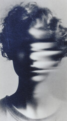 Guilt expressed through blurred identities and fragmented emotions in a monochromatic setting
