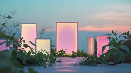Sunset warming sky, panels glowing with pastel hues on stone deck with leafy plants reflecting dusk - Powered by Adobe