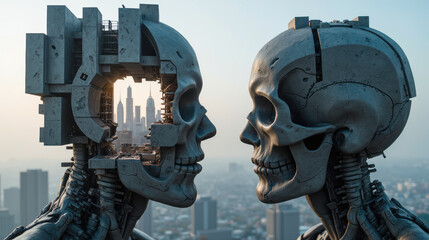 Futuristic robot skulls face each other, revealing cityscape within. This striking image blends technology and urban life, evoking curiosity