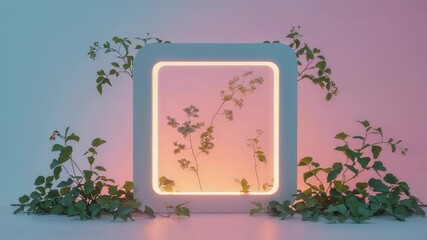 Powering LED frame cycling glow across varied hues accentuating plant silhouettes on white surface - Powered by Adobe