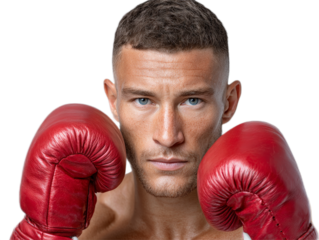 Boxer in Red Gloves: A determined boxer with intense gaze, wearing red boxing gloves, ready for the challenge.  The image is a close-up.