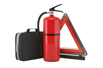 Car emergency kit fire extinguisher warning triangle isolated on transparent background