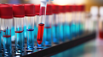 A row of test tubes with red and blue liquid in a laboratory setting.