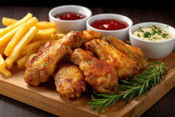 Platter of fried chicken wings fries ketchup and creamy dip garnished with rosemary atop a wooden board