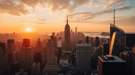 Stunning skyline view at sunset, featuring iconic skyscrapers and warm golden hues illuminating cityscape