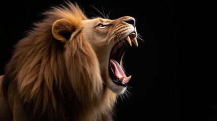 Naklejka premium Majestic lion roaring with powerful expression, showcasing its impressive mane and sharp teeth against dark background
