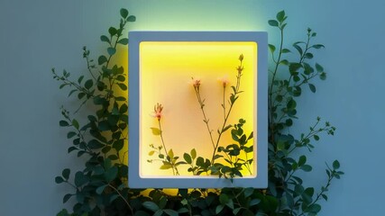 Starting with pink glow, LED panel shifting through green to yellow on wall with climbing stems - Powered by Adobe