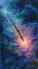 A mystical wand glowing in the cosmos.