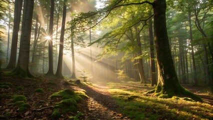 Obraz premium Sun shining through dense forest trees — warm rays casting light beams on forest floor