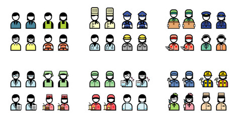 働く人職業のシンプルなカラーイラストアイコンセット(医者/配達/ガソリンスタンド/エプロン/運転手/警察官/オペレーター/薬剤師/ハンバーガーショップ店員/看護師/職人/作業員/画家/ホテルスタッフ、などその他）