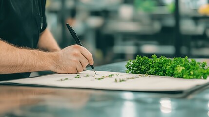 Fototapeta premium Chef Arranging Fresh Herbs on Cutting Board in Kitchen