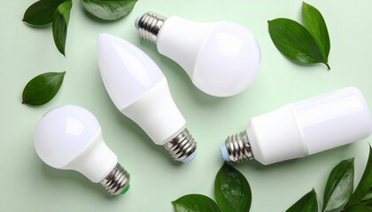 Various LED light bulbs arranged artistically on a soft green background with leaves