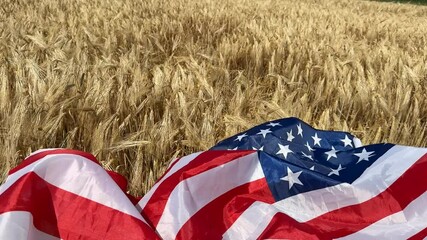 Golden wheat field with an American flag symbolizes patriotism, agriculture, and harvest festivals evokes rural Americana - Powered by Adobe
