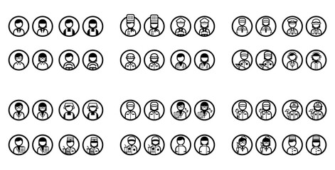 働く人職業のシンプルな丸いモノクロイラストアイコンセット(医者/配達/ガソリンスタンド/エプロン/運転手/警察官/オペレーター/薬剤師/ハンバーガーショップ店員/看護師/職人/作業員/画家/ホテルスタッフ、などその他）