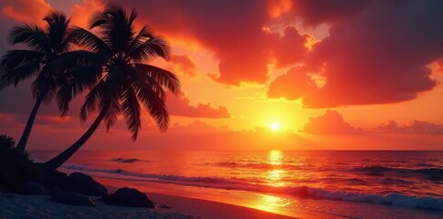Silhouetted coconut palms against a blazing sunset over tranquil sea, paradise, landscape, peaceful