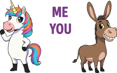 Funny unicorn and donkey cartoon character comparison, cute animals with text me you, humorous animal illustration, fantasy vs reality, colorful fun graphic design concept