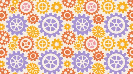 Seamless pattern of colorful gears and circular shapes on a light background creating a retro design