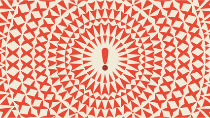 Red and white radial pattern with exclamation point in the center and star shapes surrounding it