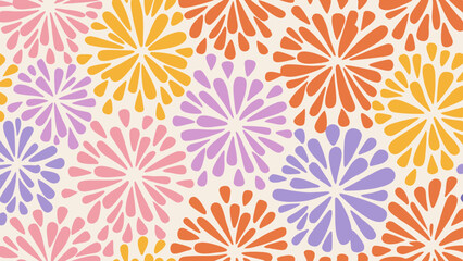 Colorful floral pattern with orange yellow pink and purple flowers on a cream colored background design art