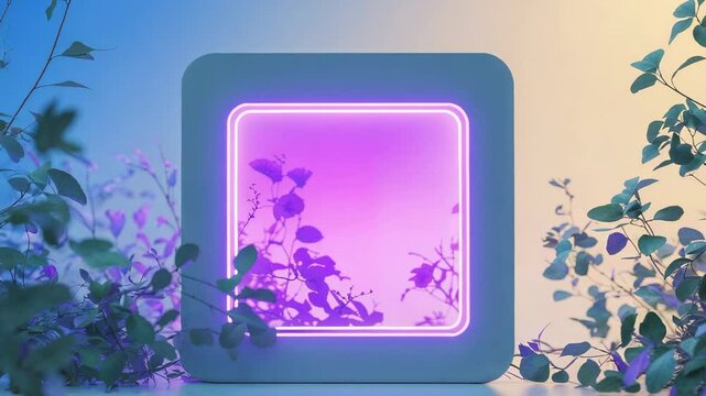 Powering square ambient light panel initiating color cycling on tabletop, with leafy potted plants