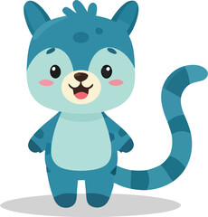 Cartoon Blue Cat Character with Striped Tail and Rosy Cheeks.