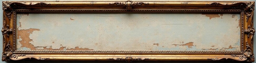 Aged horizontal baroque picture frame, blank, worn wood, brown, picture frame, retro
