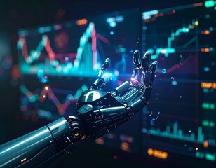 A AI robotic hand interacting with a mixed-reality trading dashboard composed of glowing investment curves, digital asset bubbles, and metaverse economic indicators in augmented layers