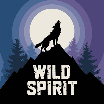 Majestic Wolf Silhouette Howling at Night Moon Mountaintop Wild Spirit Nature Graphic Design Vector Illustration Premium Quality Artwork Digital Art Print Poster Image sky dark trees stock animal     