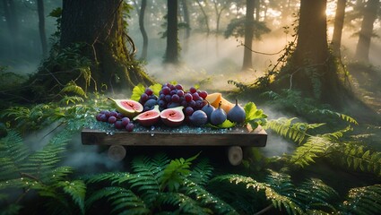 Obraz premium Fruit Arrangement with Grapes and Figs in Mystical Forest Setting