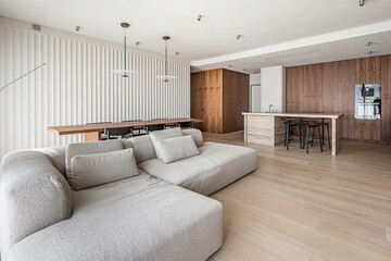 Modern luxury apartment interior in minimal scandinavian style, 3d rendering