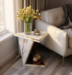 Interior view of a modern end table with flowers and a white sofa near a window with curtains