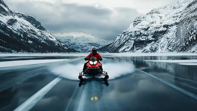 Snowmobile frozen lake