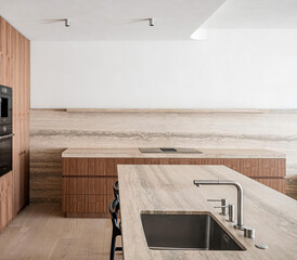 Modern luxury kitchen interior in minimal scandinavian style, 3d render