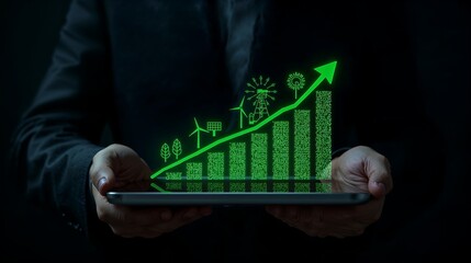 Dark clothed hands hold tablet showing green upward trending graph renewable energy icons image