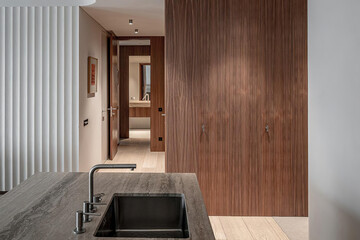 Modern luxury kitchen interior in minimal scandinavian style, 3d render
