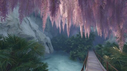 A lush green forest with a bridge over a river