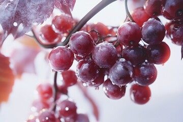 Red Grapes on Vine, Fresh Close-Up with Dew and Leaves