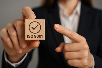Business professional holding ISO 9001 certification cube