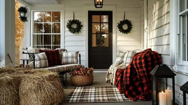 Cozy autumnal porch scene with rustic furniture, hay bales, and plaid blankets.