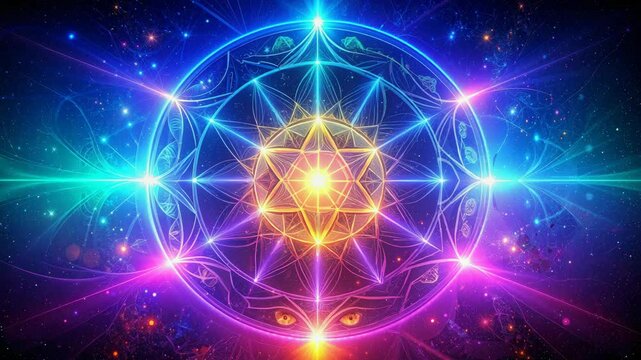 Merkaba rotating and shining with bright green light in a colorful and magical universe.