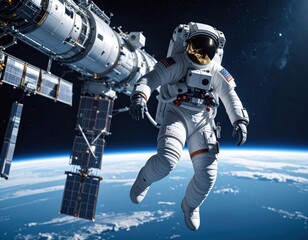 Fototapeta premium Astronaut floating in space near space station earth view digital art cosmic environment outer space concept