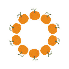 Autumn pumpkin frame. Autumn circle frame. Round border made of fall pumpking in green and orange. Vector flat isolated on white background.	
