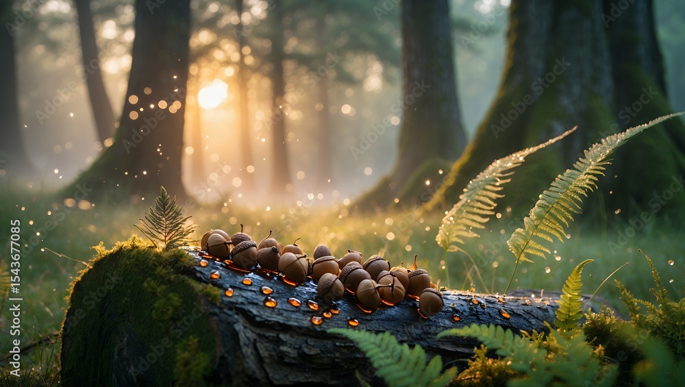 Aufkleber acorns on log in forest with ferns and sunlight filtering through