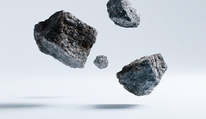 Abstract composition of floating rocks. Four weighty, textured cubes of stone, grey and dark-brown, seem to levitate against a pristine white background. Shadows subtly delineate their forms