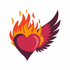 Fiery Heart with Wings Passionate Love Romantic Design Graphic Illustration Vector Art Burning Heart Wings Symbolism Red Orange Yellow Colors Abstract Heart Shape Design Element Bold Graphic Style    