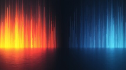 Naklejka premium Vertical light beams in warm orange and cool blue hues reflect on a dark surface, creating a striking contrast and futuristic digital atmosphere.