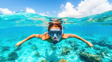Child snorkeling in a clear turquoise ocean
